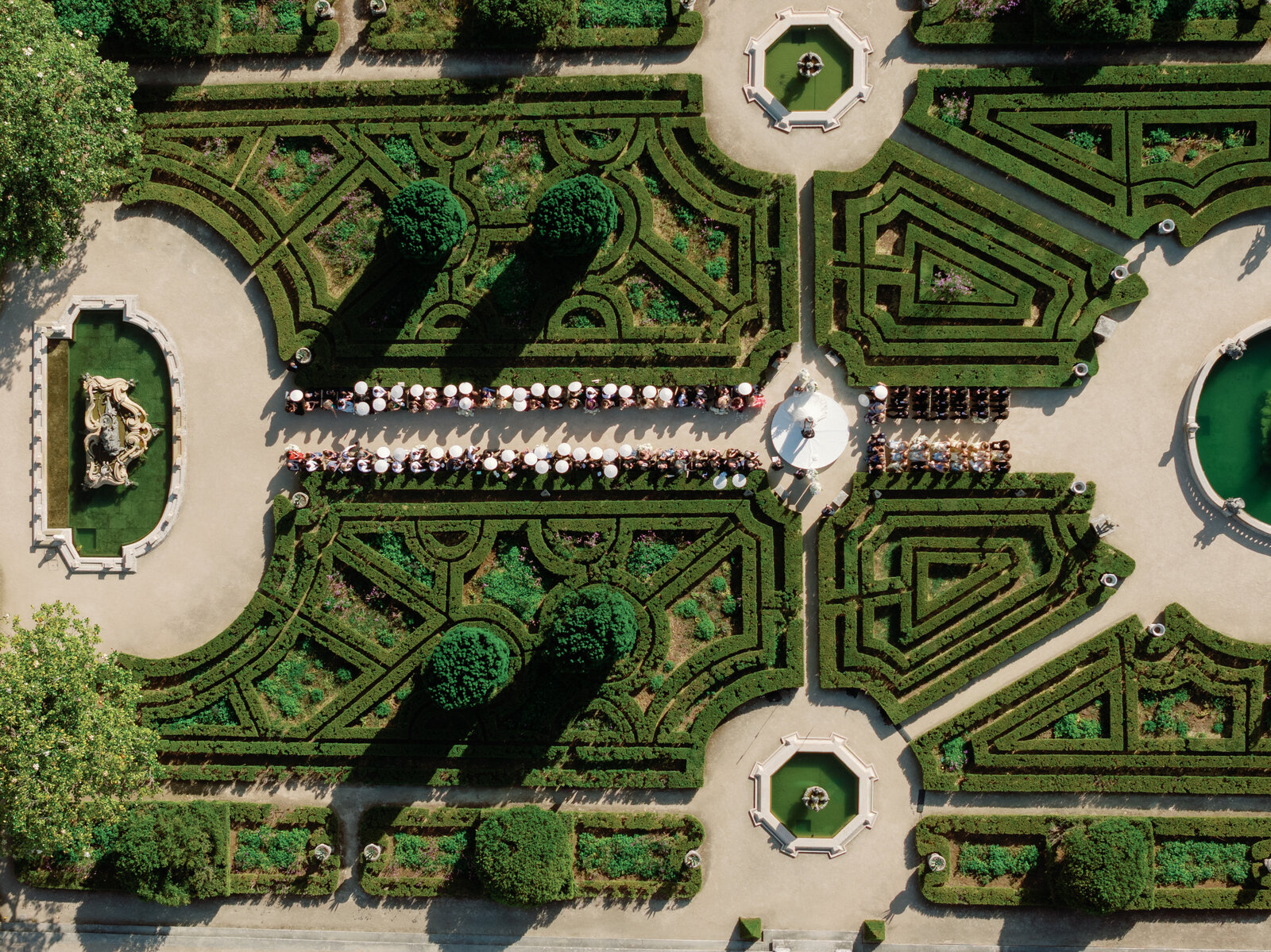 Top-down aerial view of the full garden maze and fountains