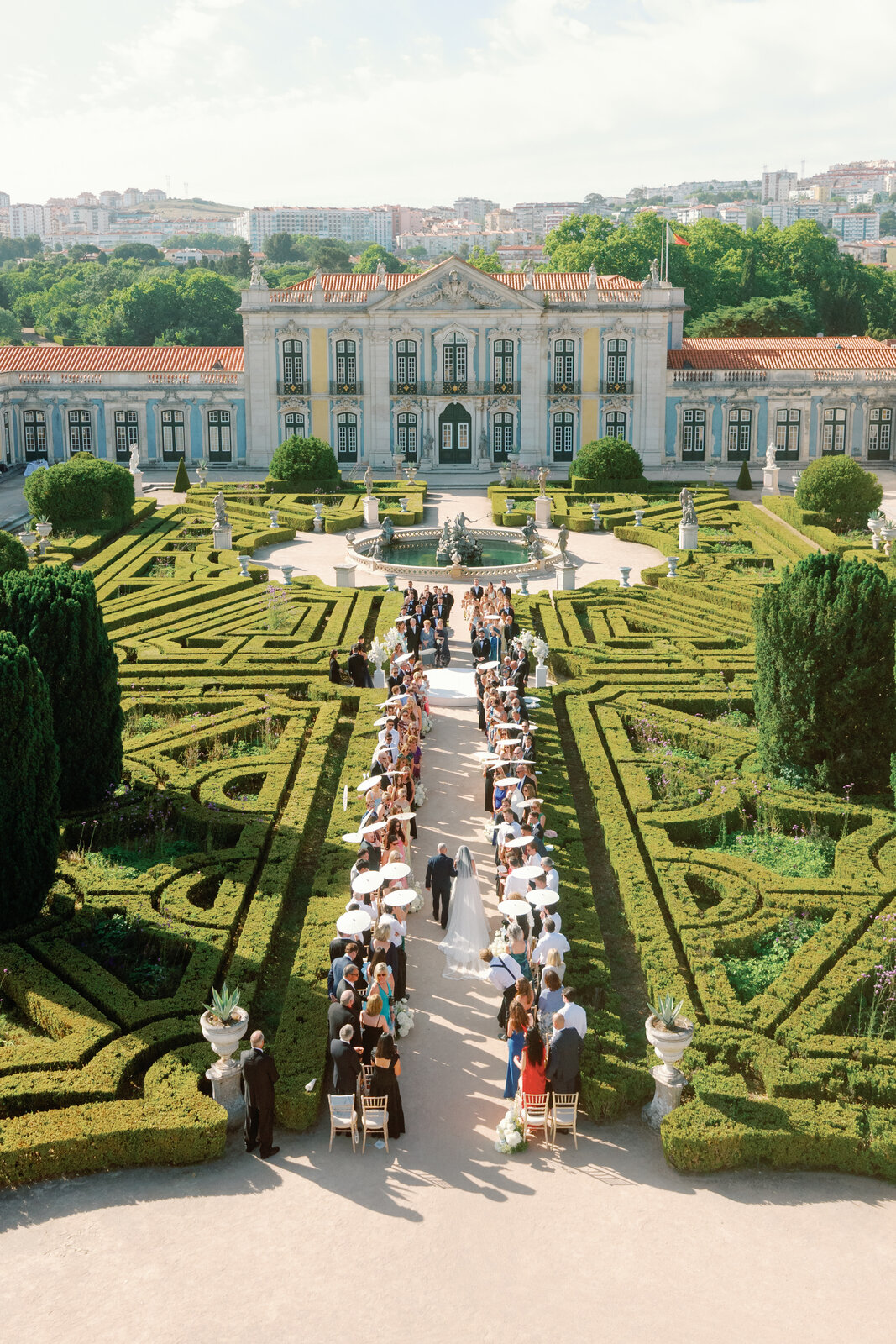 Vertical aerial view of the full garden maze ceremony layout