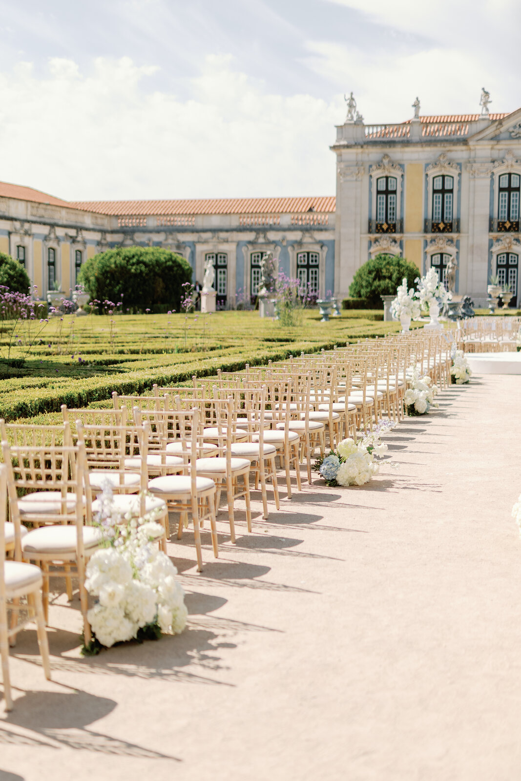 Wide view of the empty ceremony chairs along the aisle