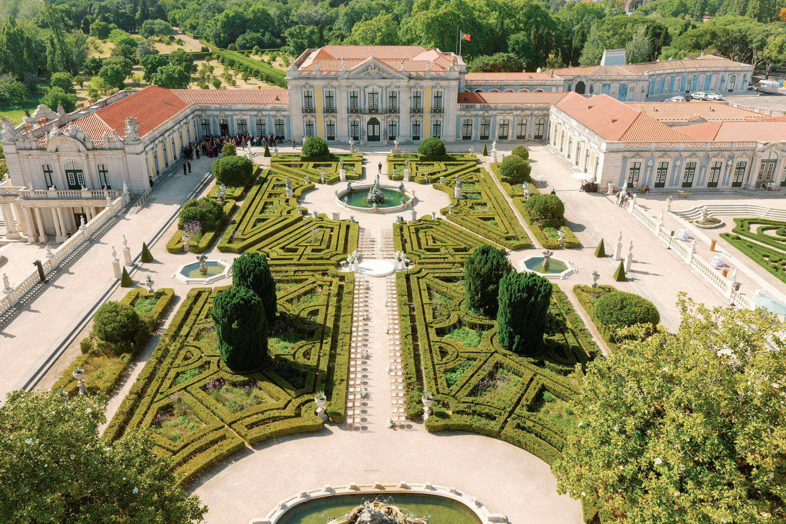 Aerial view of the boxwood garden ceremony layout at Palácio de Queluz