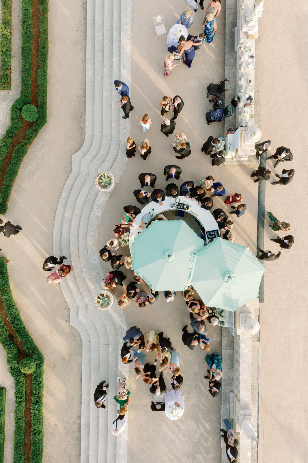 Top-down aerial view of the boxwood maze garden pattern