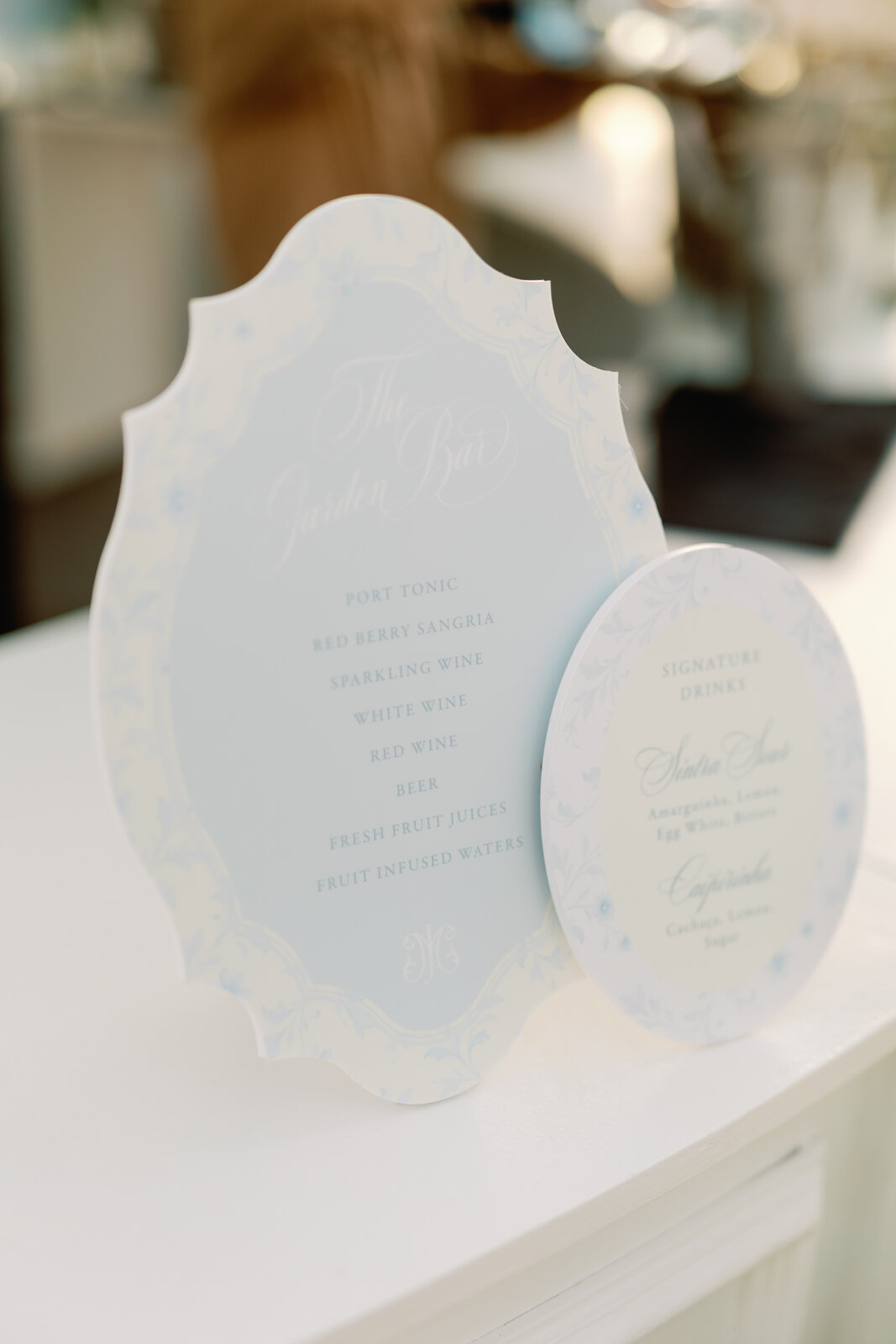 Close-up of the Garden Bar and signature drinks menu cards
