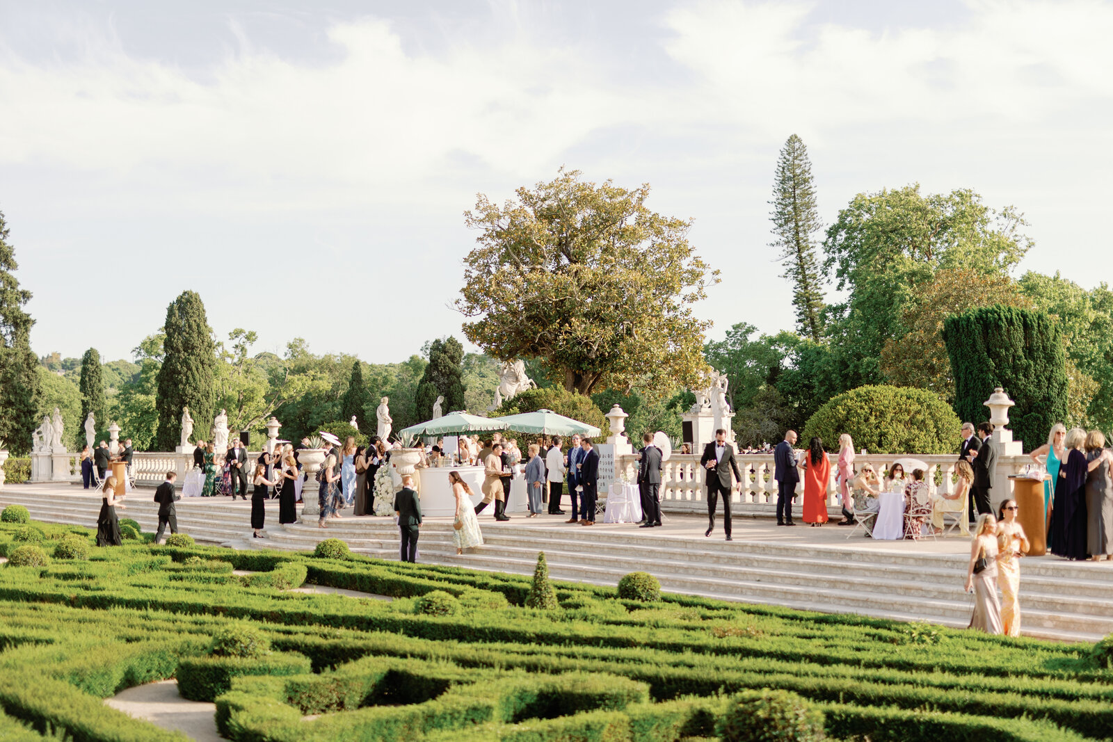 Wide view of guests mingling on the terrace above the boxwood maze