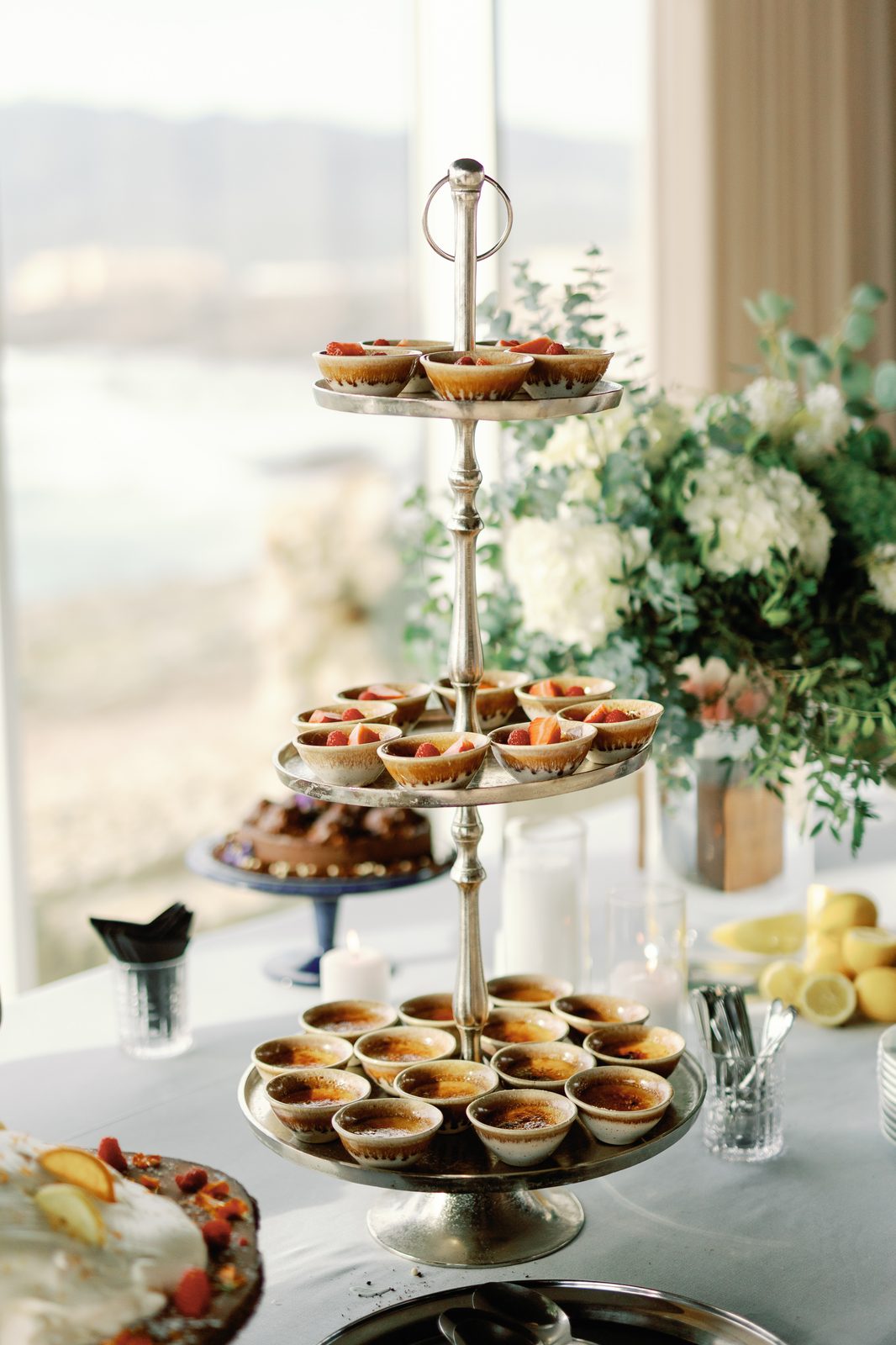 Tiered stand of individual crème brûlée servings