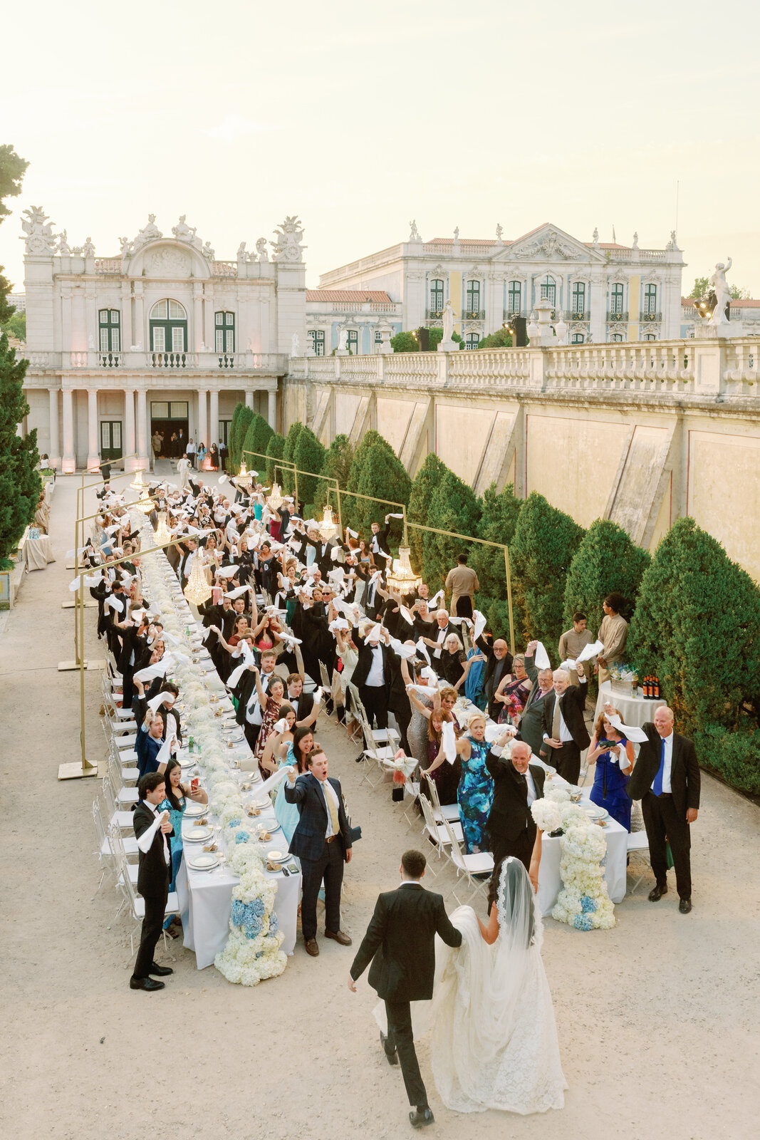 Aerial view of the napkin send-off around the bride and groom