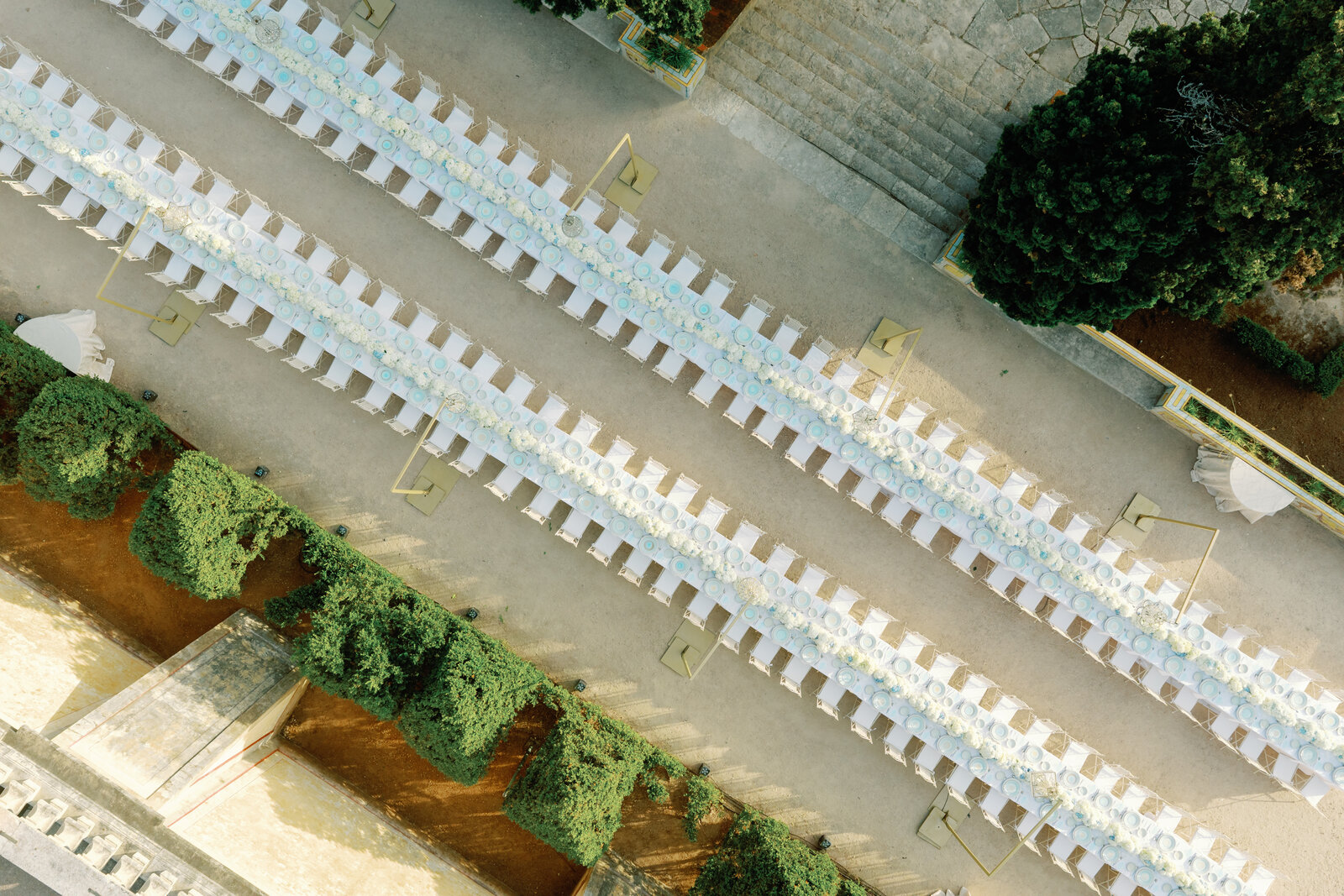 Aerial top-down view of the two long reception tables