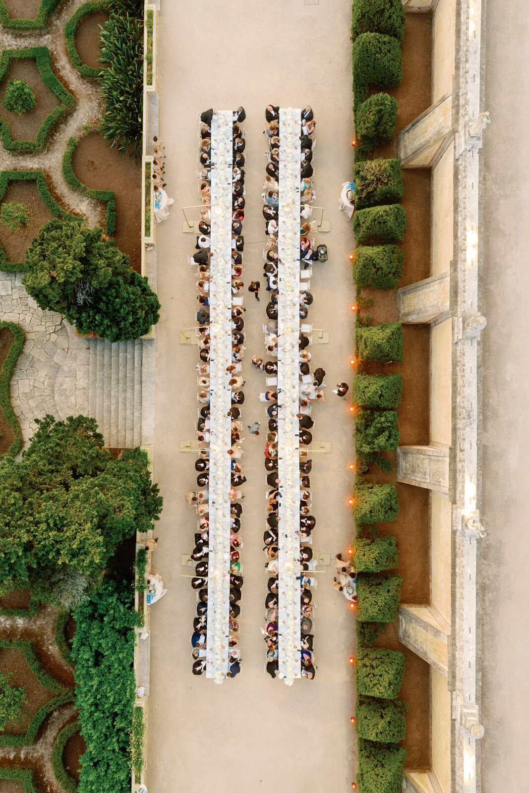 Vertical aerial view of the two long reception tables