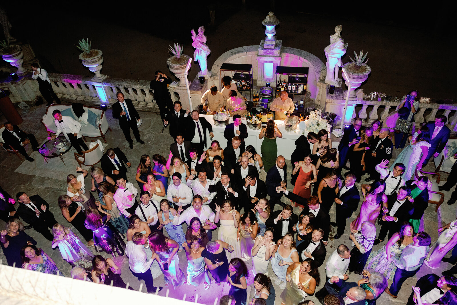 Aerial view of the terrace bar and dance floor crowd at night