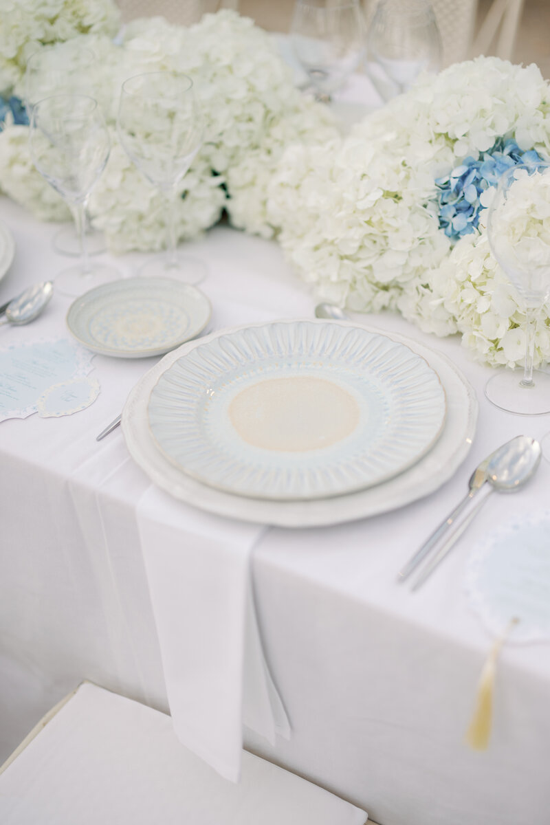 Blue and white place setting detail