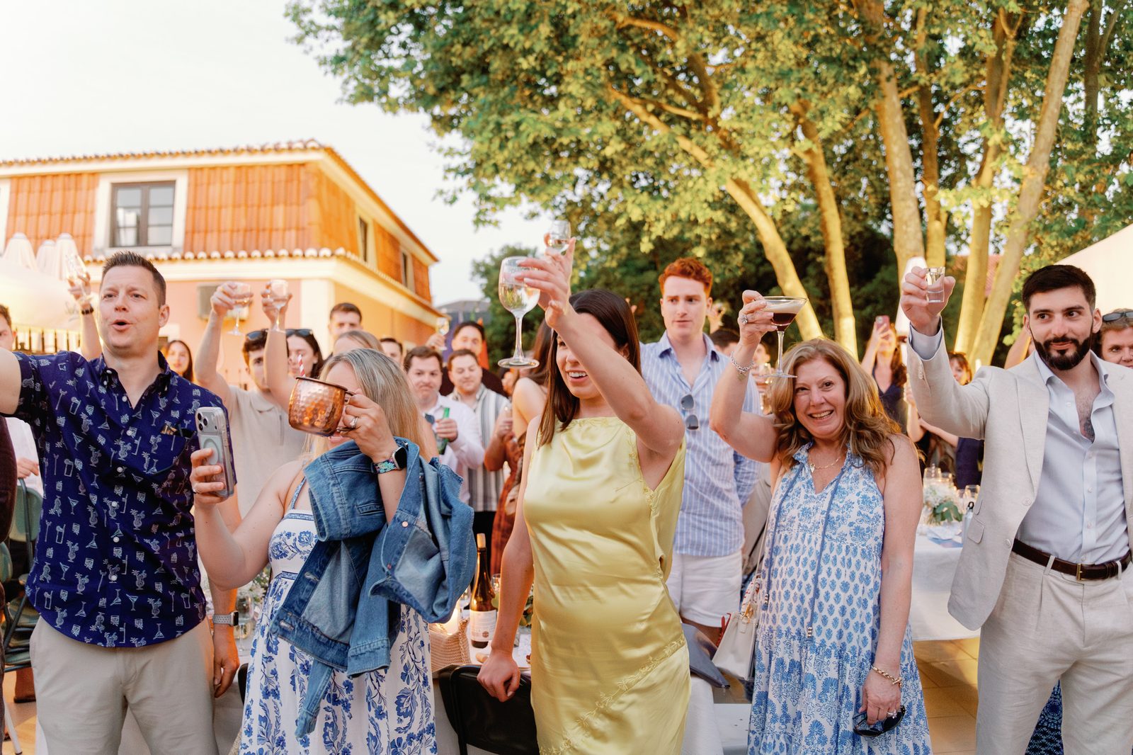 Guests raising their glasses together for a toast