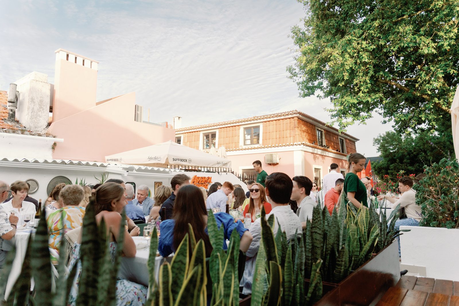 Wide view of the terrace filled with dinner guests